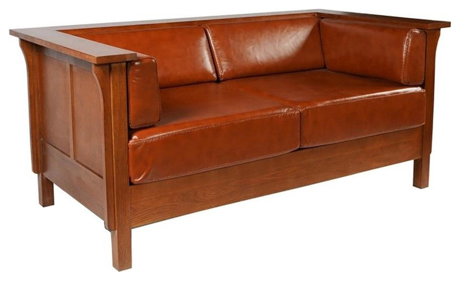 Arts and Crafts / Craftsman Cubic Panel Side Love Seat - Russet Brown Leather (R