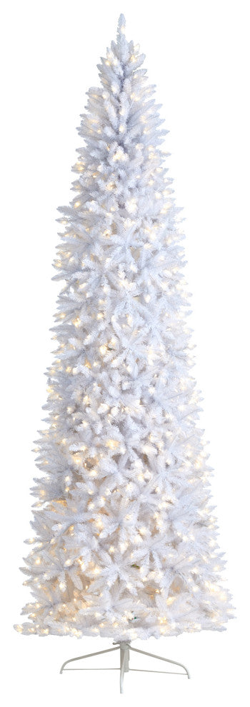 10' Slim White Faux Xmas Tree W/ 800 Warm White Lights & 2420 Bendable Branches
