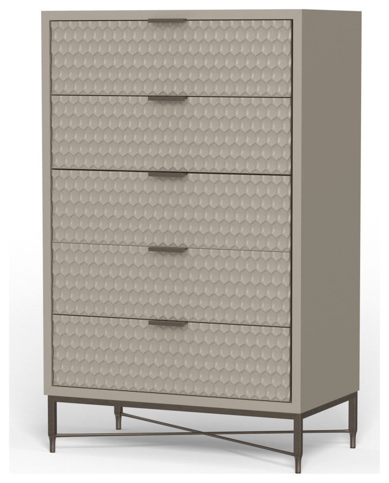 Benzara BM284283 5 Drawer Tall Dresser Chest, Honeycomb Texture, Taupe Gray