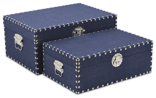 Linen Studded Keepsake Boxes, Navy, Set of 2