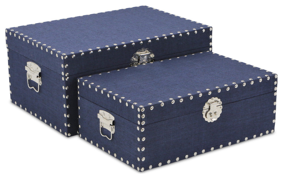 Linen Studded Keepsake Boxes, Navy, Set of 2