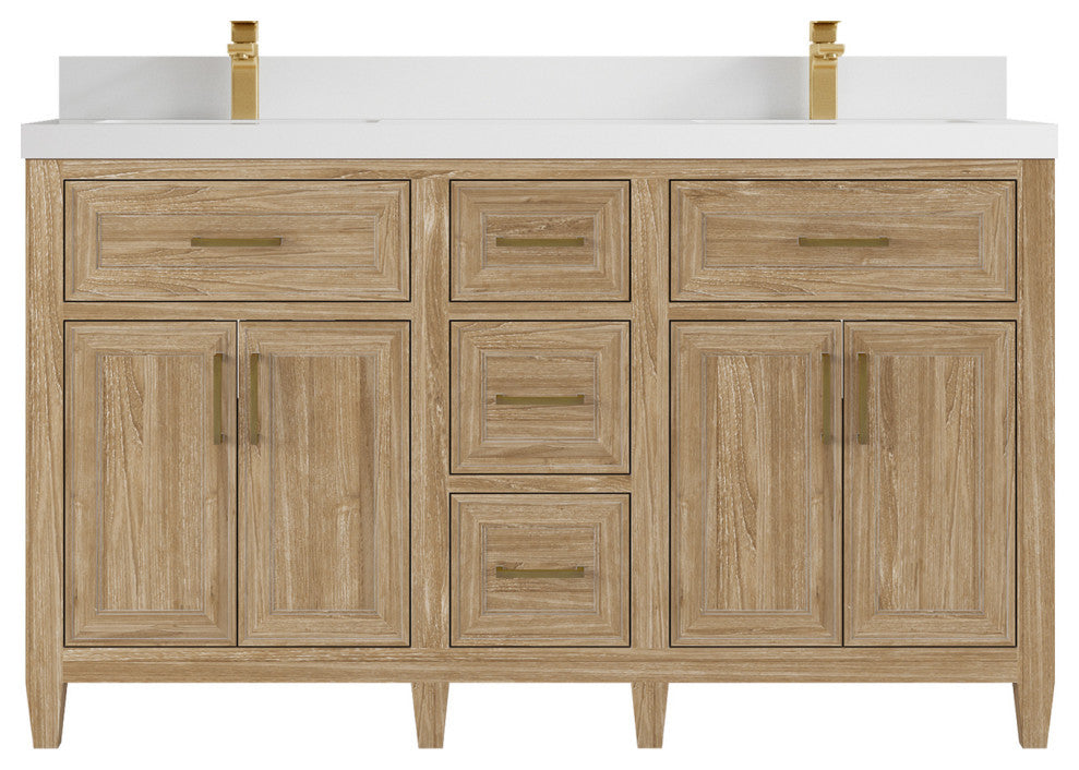 Santa Monica 60 Double Sink Bathroom Vanity in Whitewashed Teak 2" White Quartz