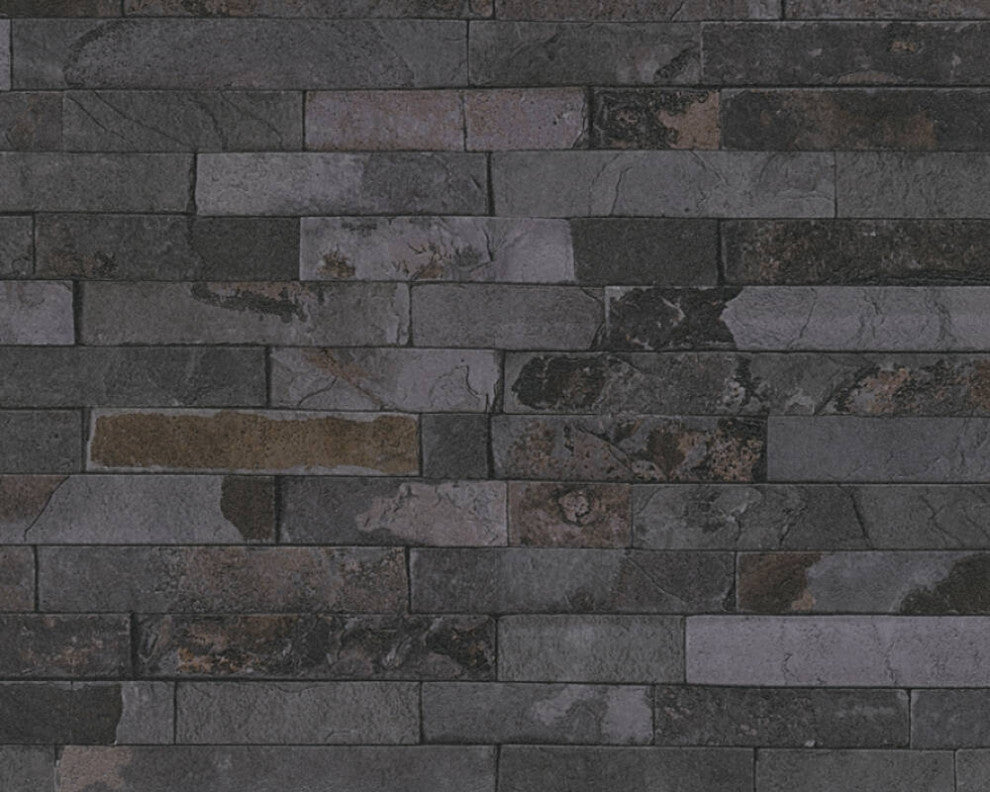 Faux Textured Wallpaper, Stone Wall, Black Gray, One Roll