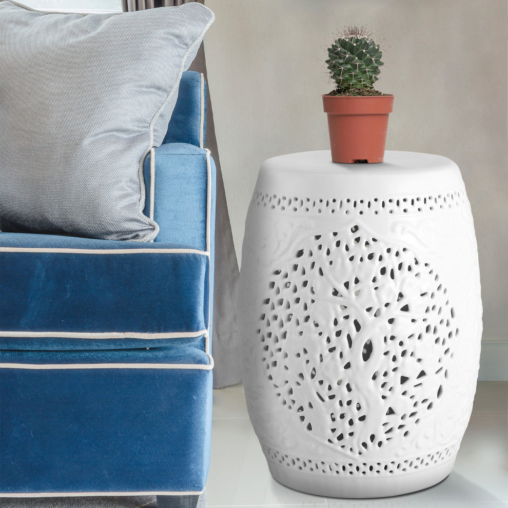 Tree of Life 18" Ceramic Garden Stool, White