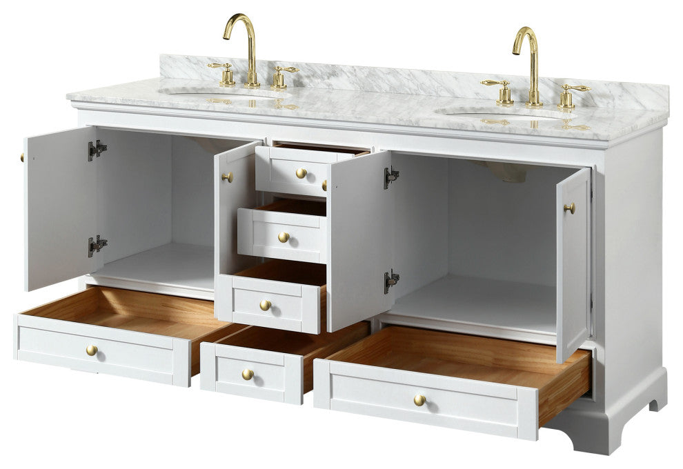 72" Double Bath Vanity, White, White Carrara Countertop, Sinks, Gold Trim