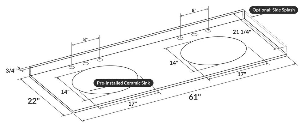 Cara White 61"x22" Marble Vanity Top, 8" Spread