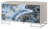White Marble Print Console Cabinet with 4 Doors in Blue and Chrome
