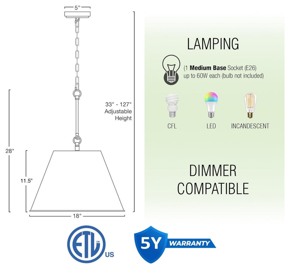 Kira Home Vida 18" Pendant Light, Metal Empire Shade, Adjustable Hanging Height