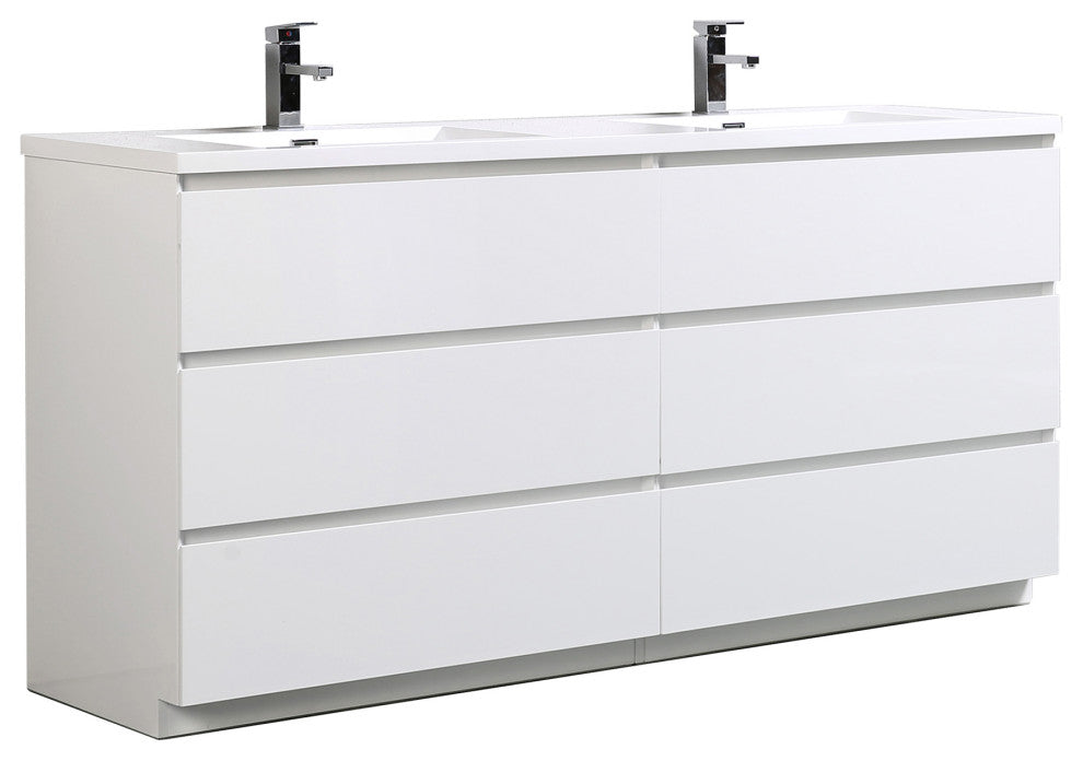 Freestanding Bath Vanity with White Cultured Marble Top, Hg White, 70" X 20"