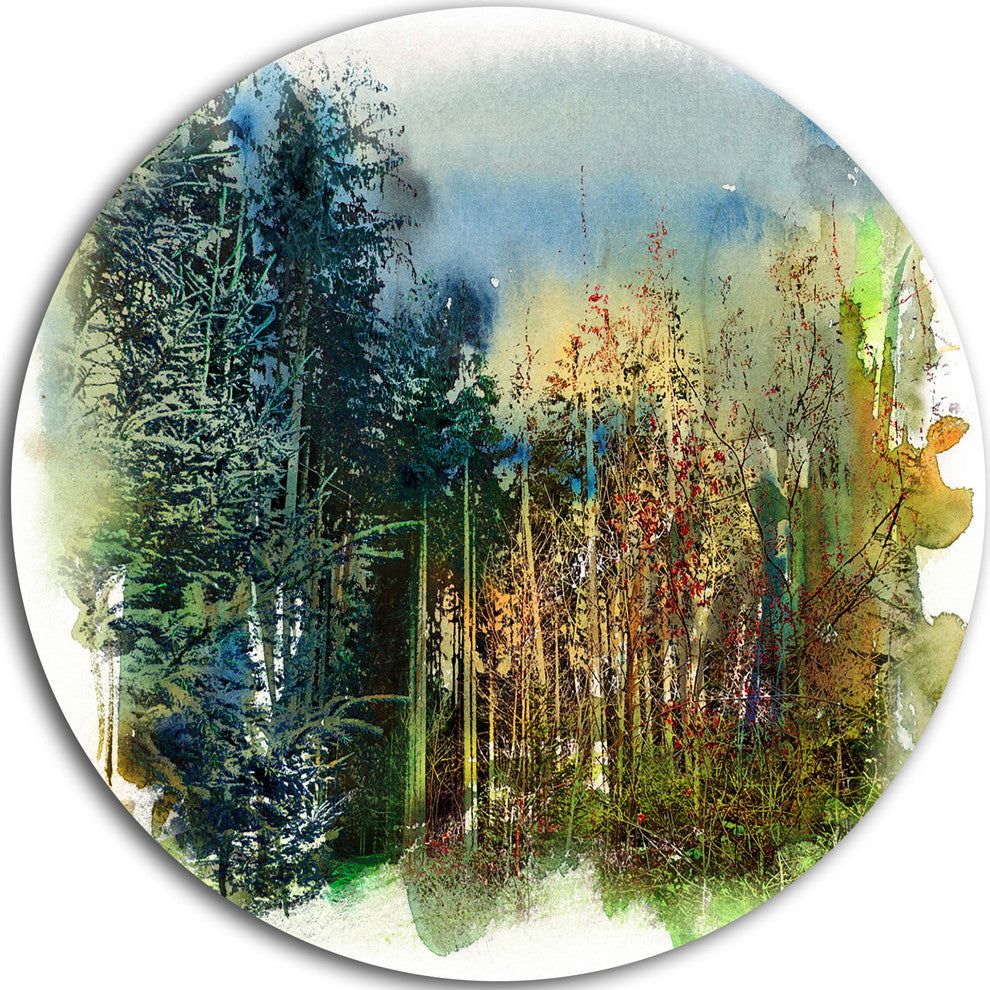 Forest Motif Watercolor, Landscape Painting Disc Metal Wall Art, 11"