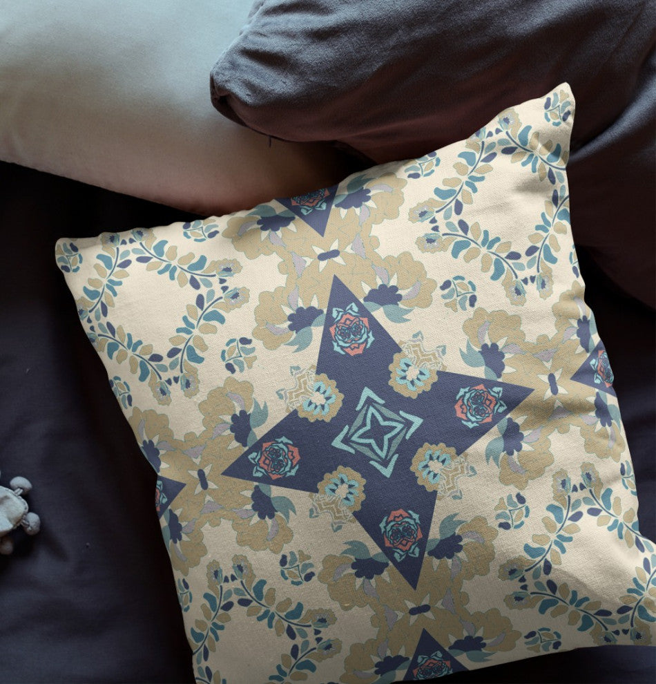 20" Sand Navy Diamond Star Indoor Outdoor Zippered Throw Pillow