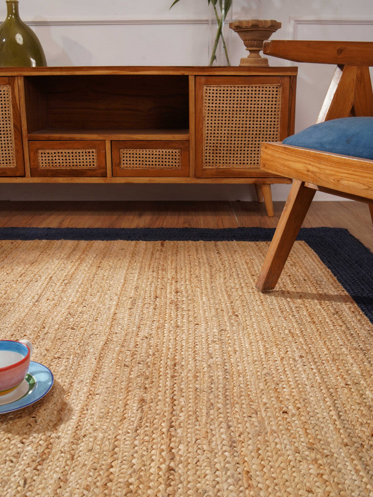 Hand Woven Jute Area Rug Contemporary Beige Blue, [Rectangle] 3'x5'