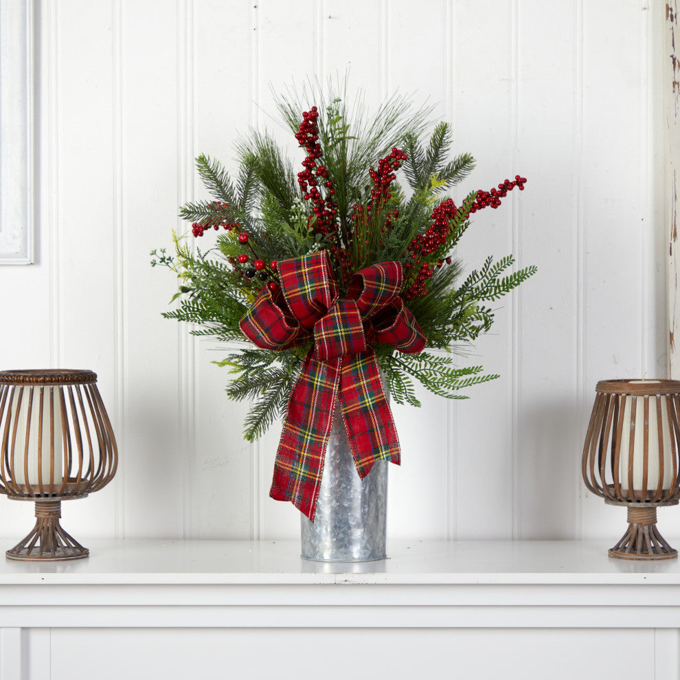28" Holiday Winter Greenery, Berries and Plaid Bow Faux Xmas Arrangement