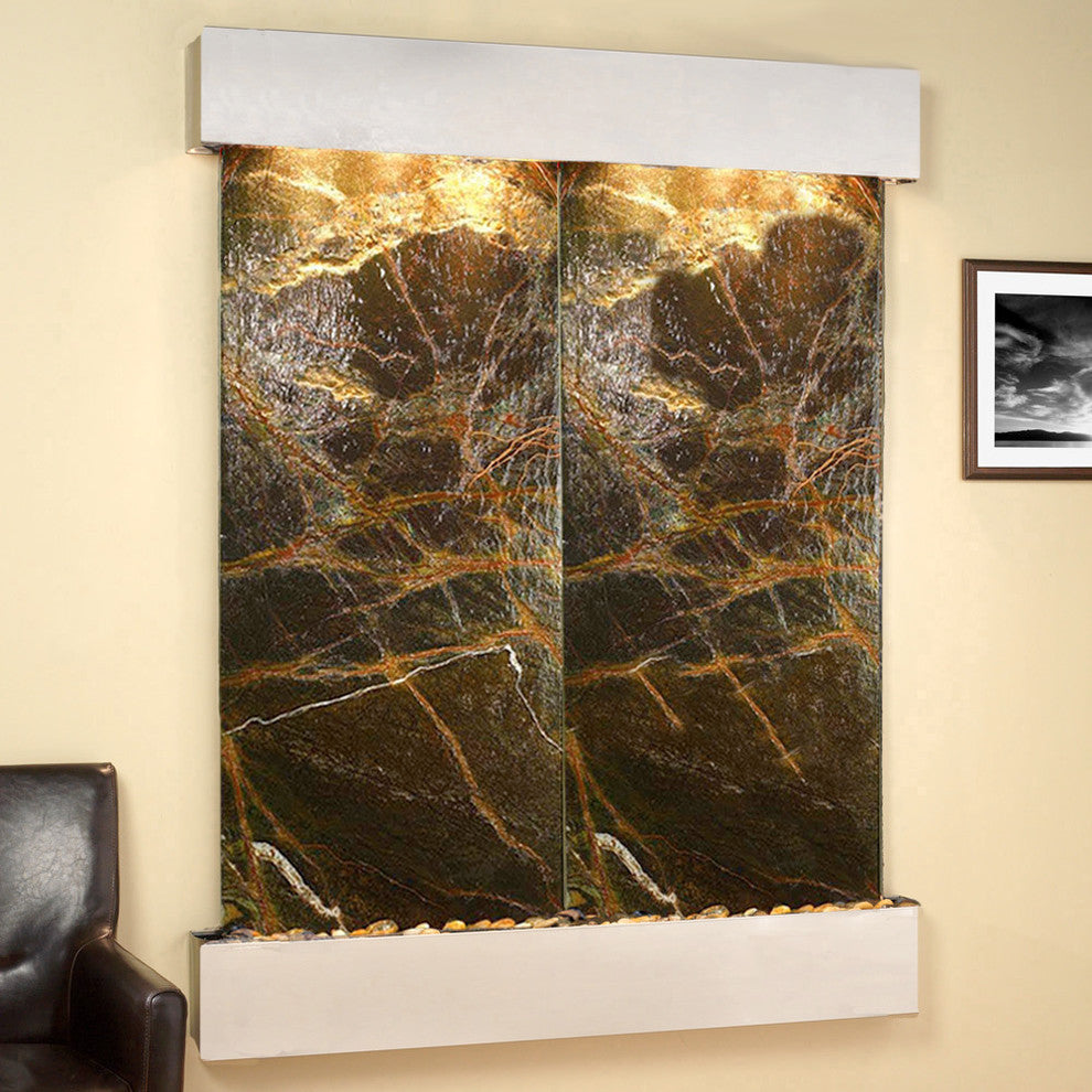 Majestic River Water Fountain, Green Marble, Stainless Steel, Square Edges