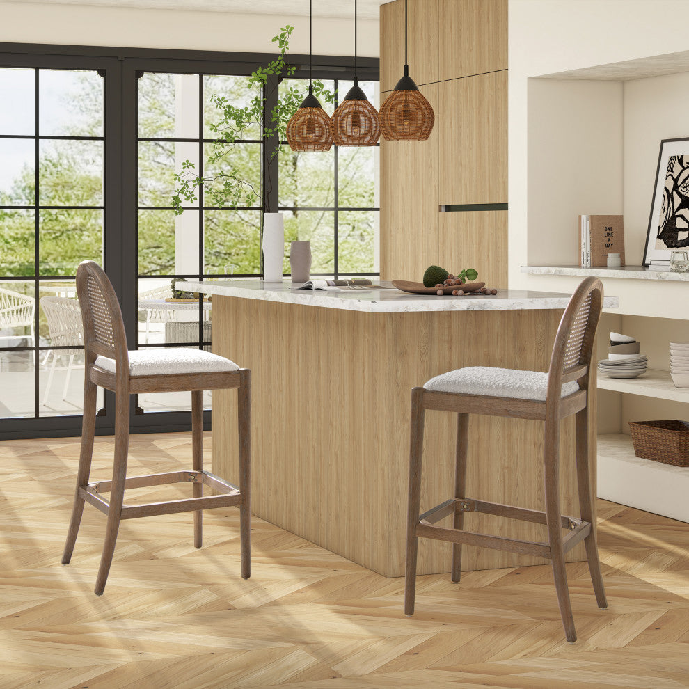 Panama Curved Back Cane Rattan Stool, Set of 2, Ivory White Boucle, 30" Bar Height