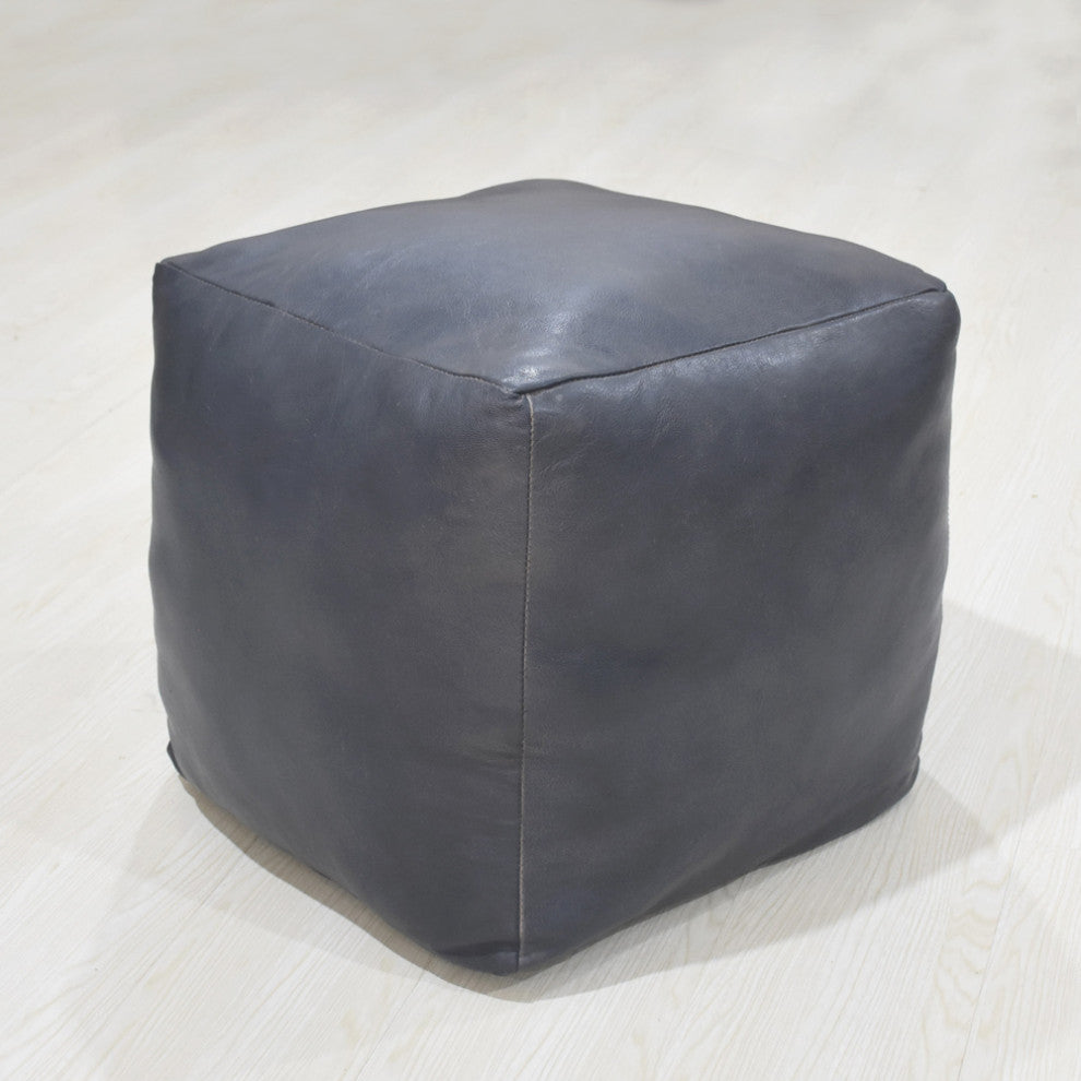 Poufs-Solid Goat Leather Pouf, Handmade (Recycled Cotton Fill), [Square) 14x14x14