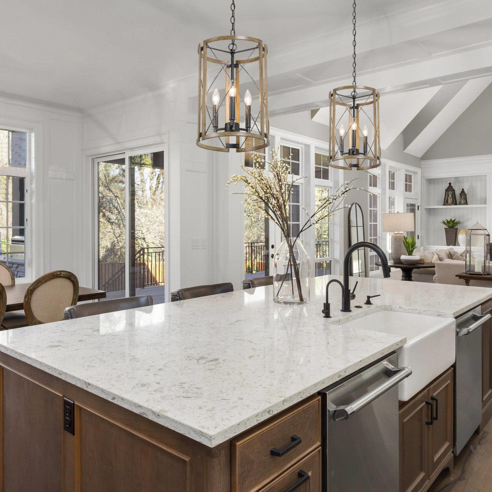 4-Lights Matte Black and Wood Tone Farmhouse Chandelier For Chateau