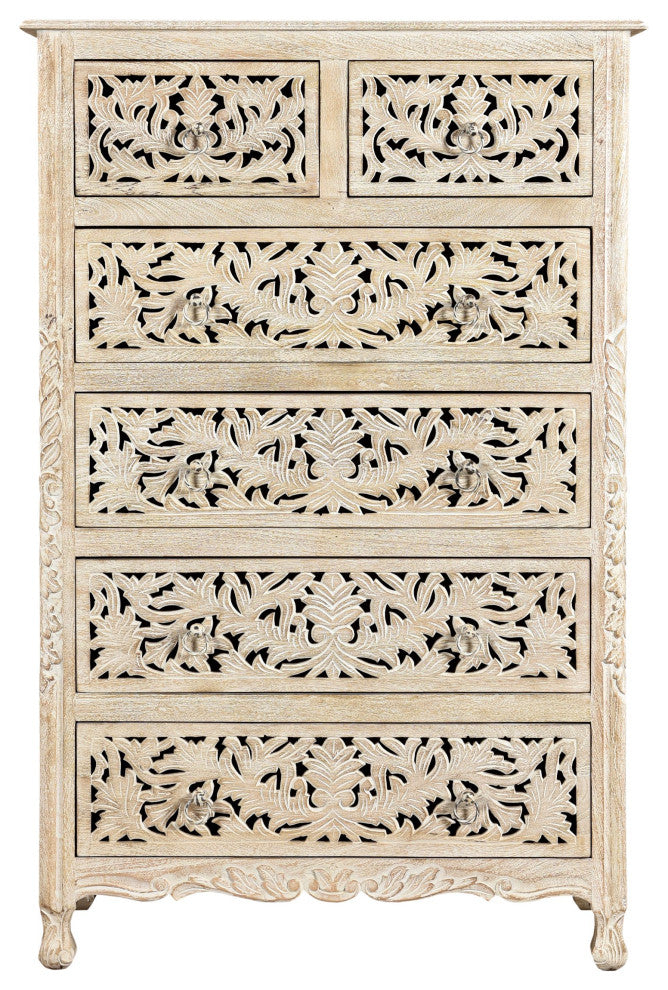 Delaney Carved Tall Chest, Distressed Off-White