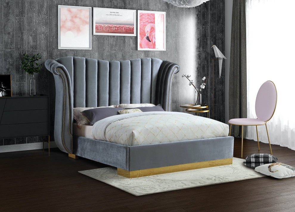 Flora Black Velvet Bed, Gray, Queen