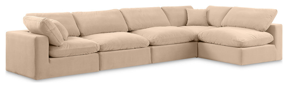 Comfy Upholstered L-Shaped Modular Sectional, Beige, 5-Piece: 3 Armless Chair, 2 Corner Chair, Velvet