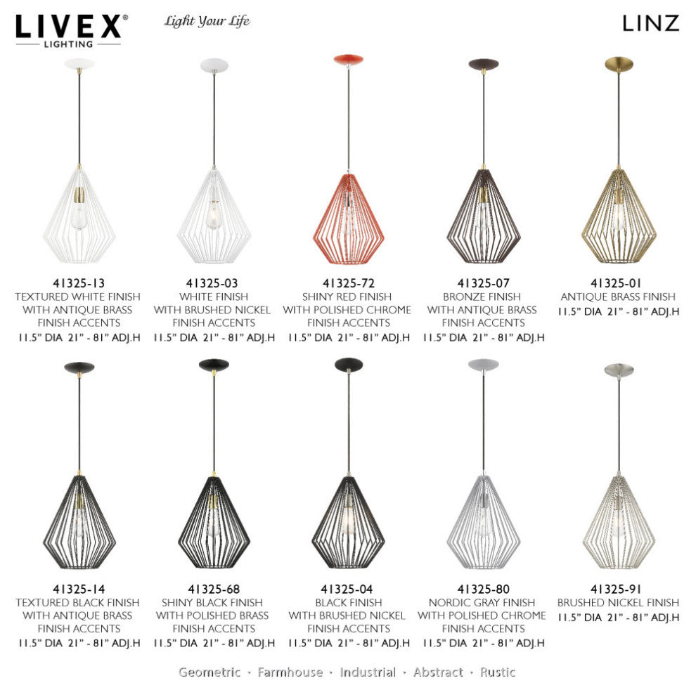 Linz 1 Light Textured Black With Antique Brass Accents Pendant
