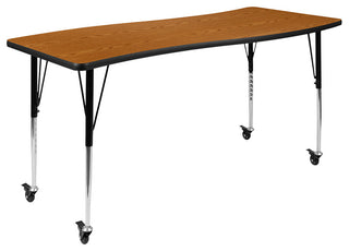 Mobile 26"x60" Wave Laminate Activity Table, Adjustable Short Legs, Oak