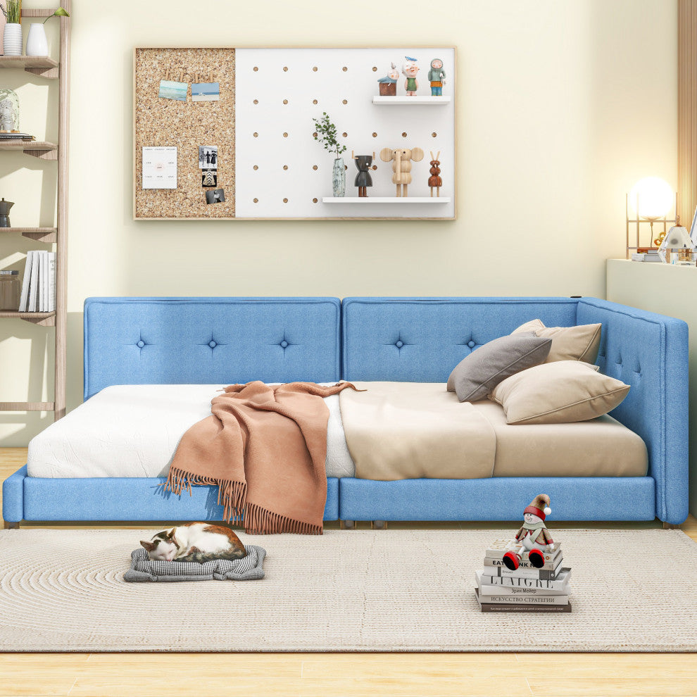 Gewnee Upholstered Full Size platform bed with USB Ports, Blue