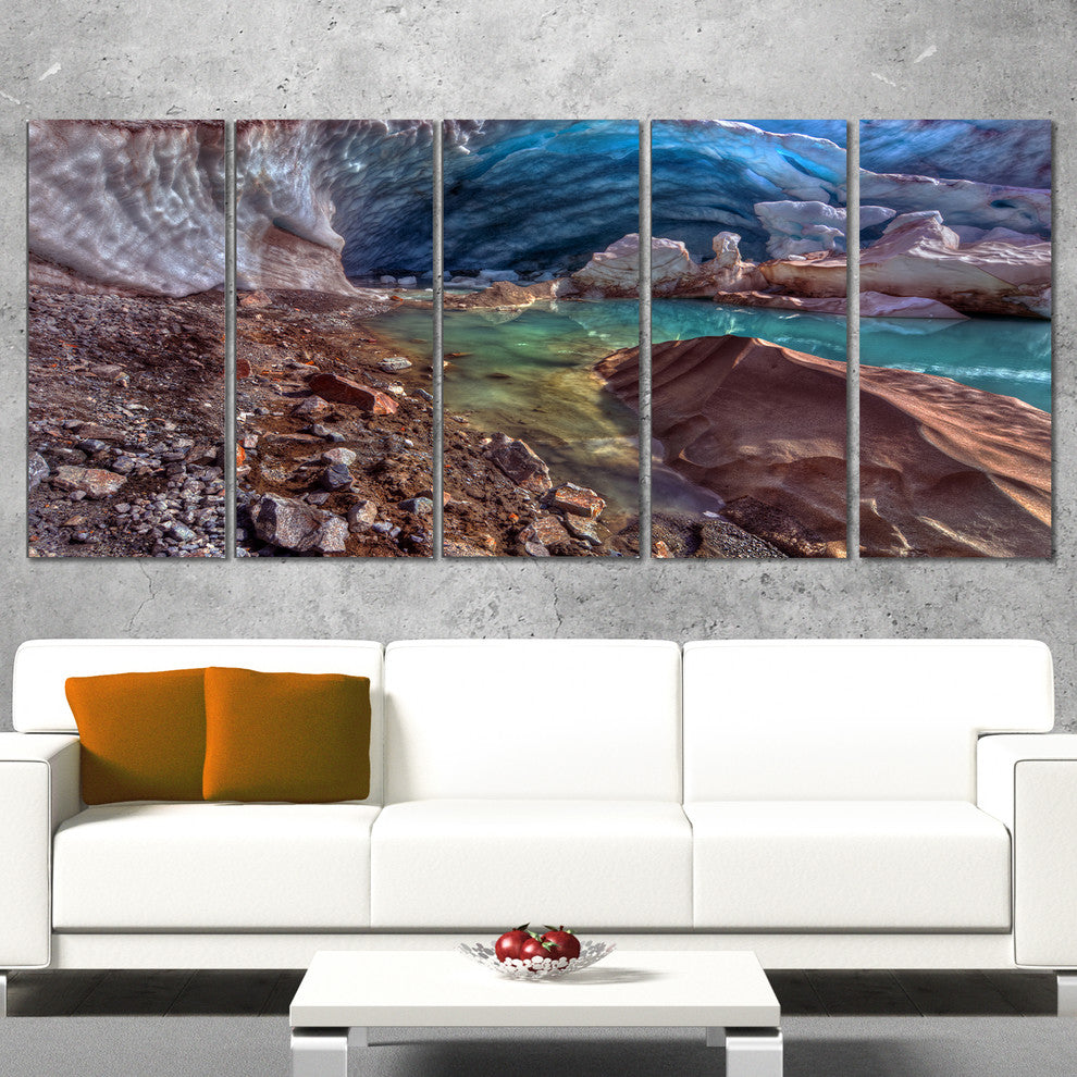 Stylish and Colorful Glacier Cave, Landscape Canvas Art Print, 60"x28", 5 Panels