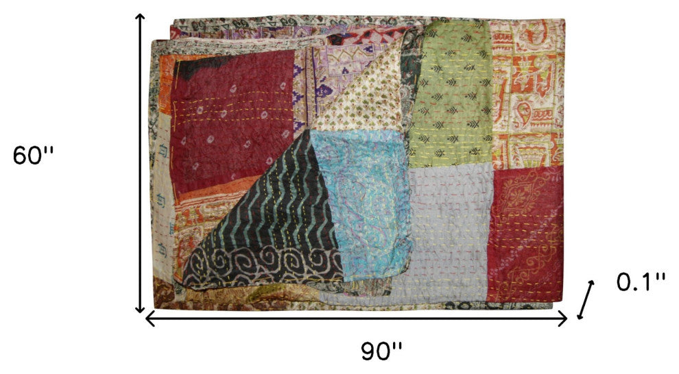 60x90 Blue Black and Brown Kantha Cotton Patchwork Throw Blanket With Embroidery