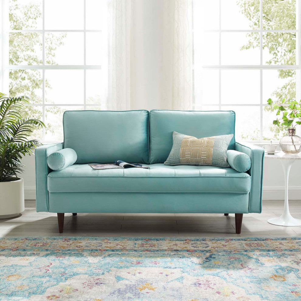 Loveseat Sofa, Velvet, Blue, Modern, Living Lounge Room Hotel Lobby Hospitality