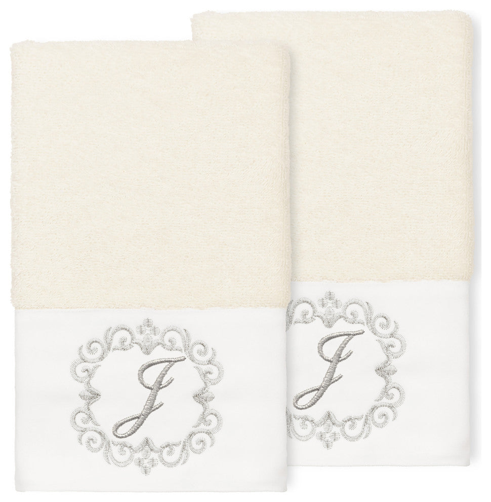 Linum Home Turkish Cotton Monica 2-Piece Embellished Hand Towel Set, Cream