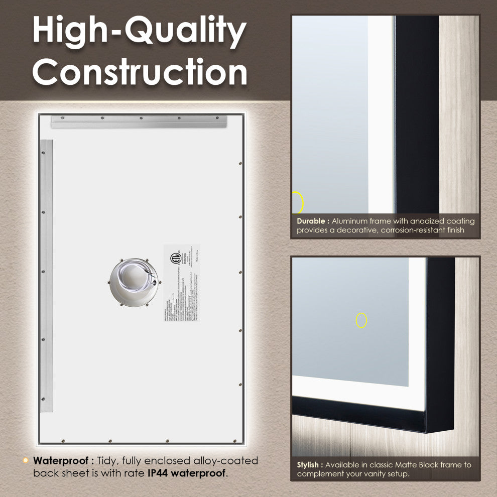 Apollo Anti-Fog Dimmable Vanity, LED Lighted Wall Mirror, Matte Black, 48"