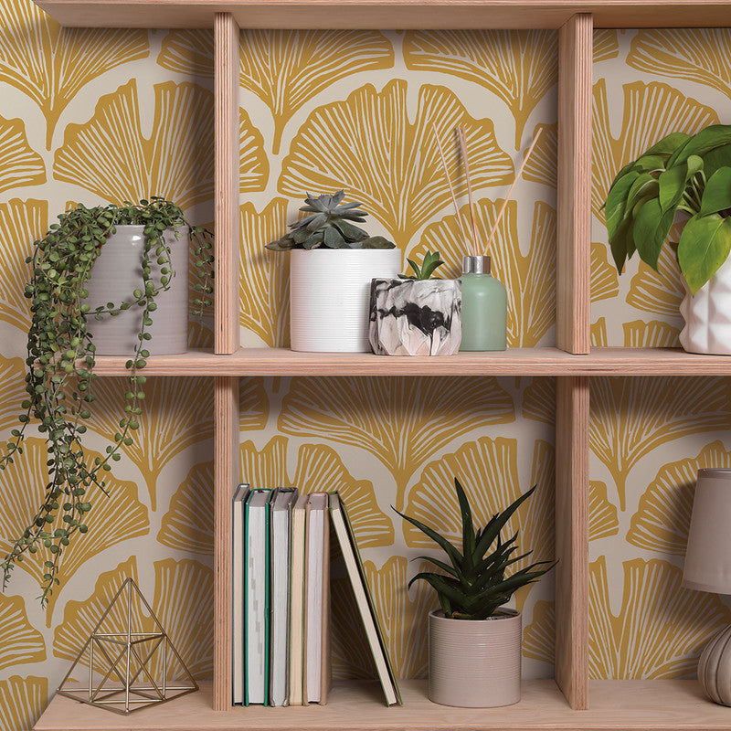 Feather Palm Peel and Stick Wallpaper By Novogratz Golden Mustard Palm Sample