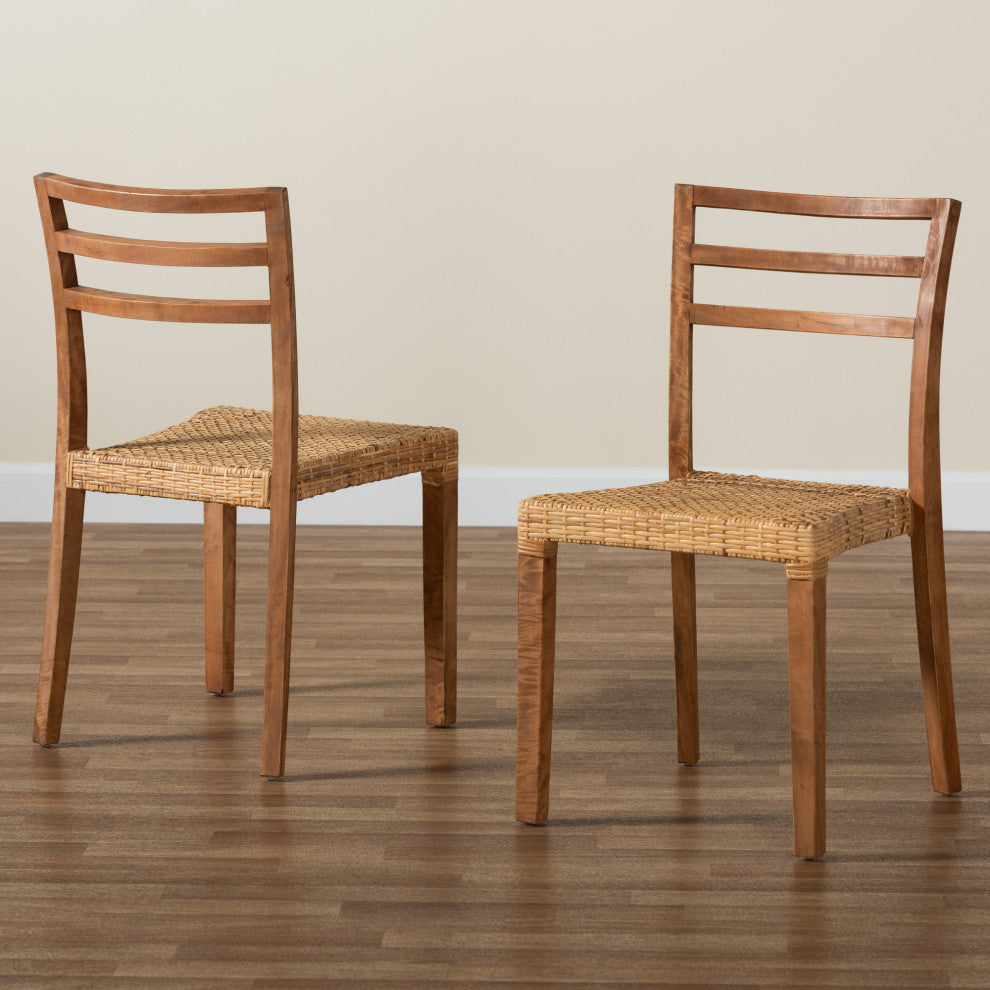 Arthur Modern Walnut Brown Finished Wood and Natural Rattan Dining Chair Set