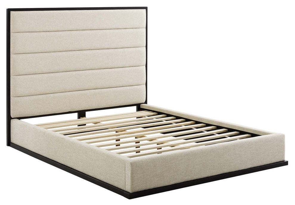 Ashland Queen Upholstered Linen Fabric Platform Bed, Beige