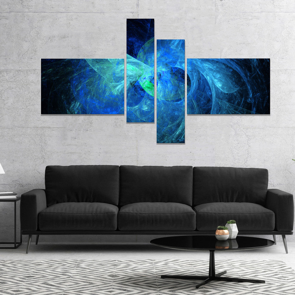 Blue on Dark Fractal Illustration, Abstract Canvas Art Print, 60"x32", 4 panels