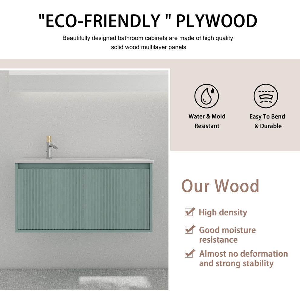 36" Plywood Wall Mounted Bath Vanity Set, Drop-Shaped Resin Sink