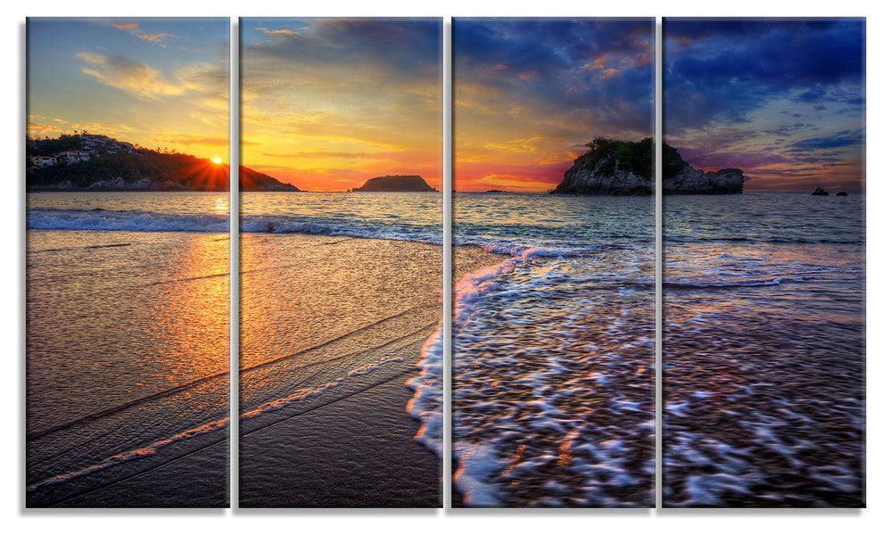 Sandy Beach with Rush Waves, Seashore Canvas Art Print, 48"x28", 4 Panels