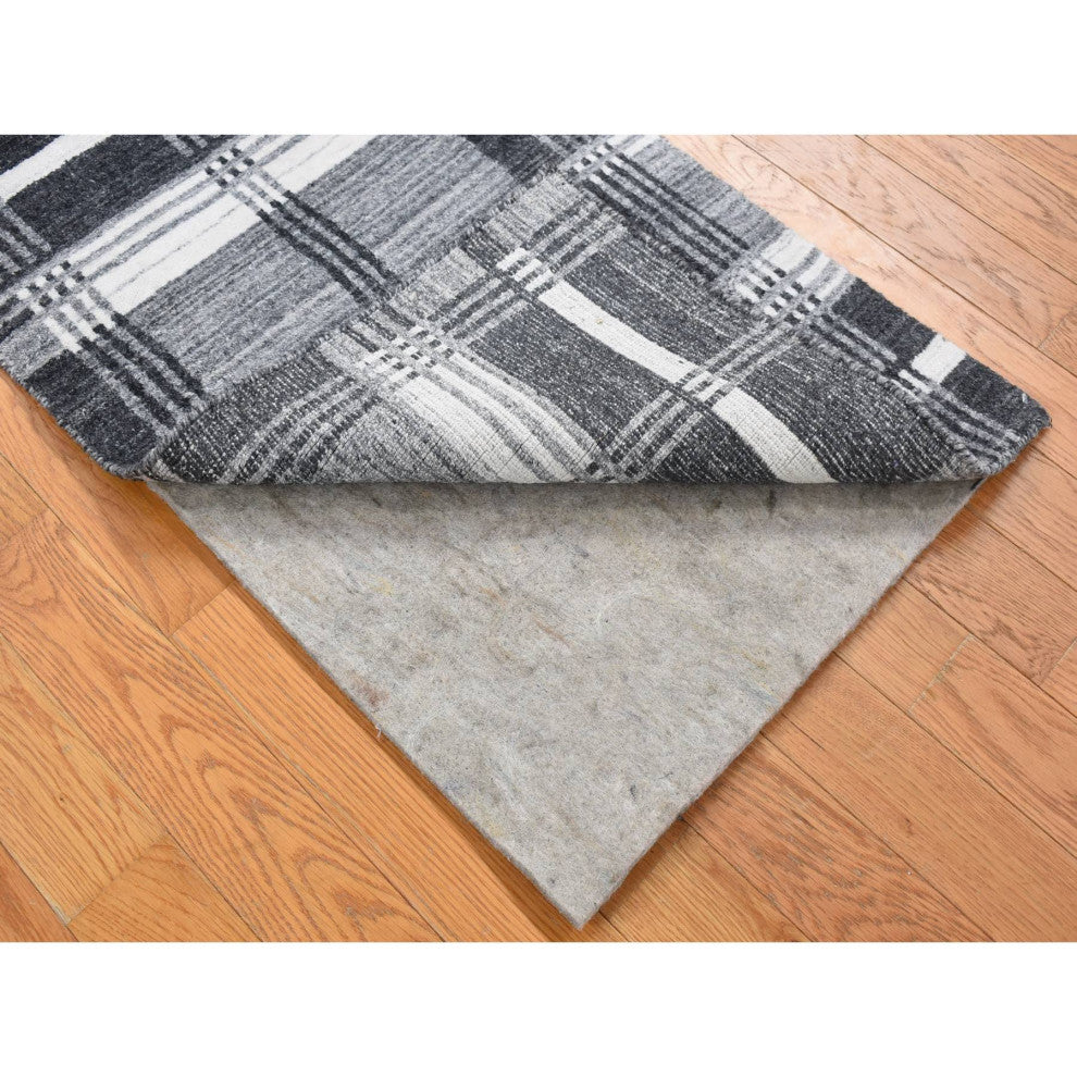 Charcoal Gray Modern Plaid Design Hand Loomed 100% Wool Oriental Rug 1'10"x2'10"
