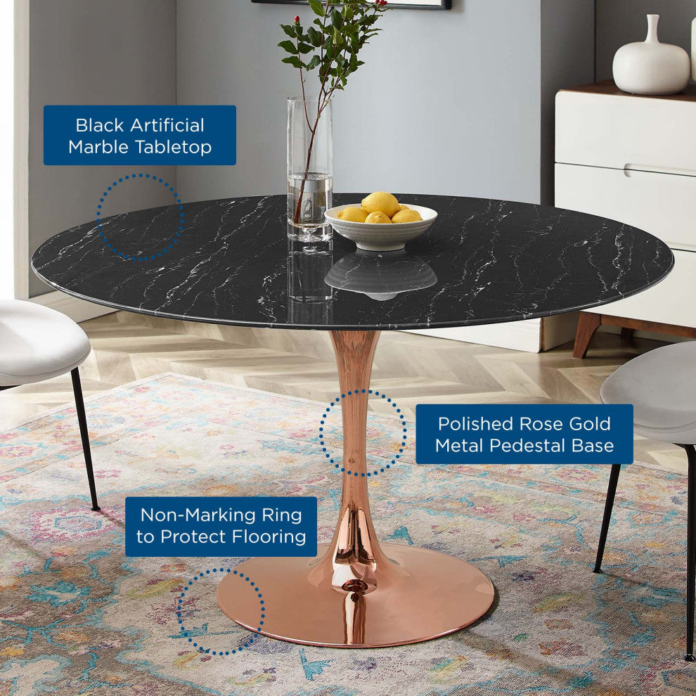 Dining Table, Round, Artificial Marble, Metal, Rose Gold Black, Modern, Bistro
