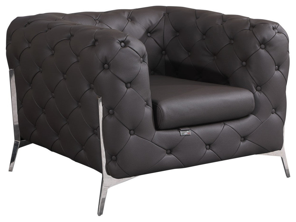 Glam Espresso Brown and Chrome Tufted Leather Armchair