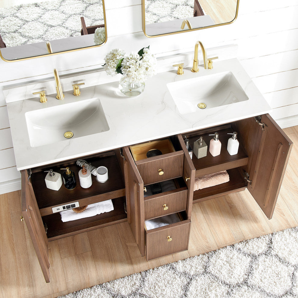 Oza Bath Vanity with Quartz Stone Top, Aged Dark Brown Oak, 60", Double Vanity, No Mirror