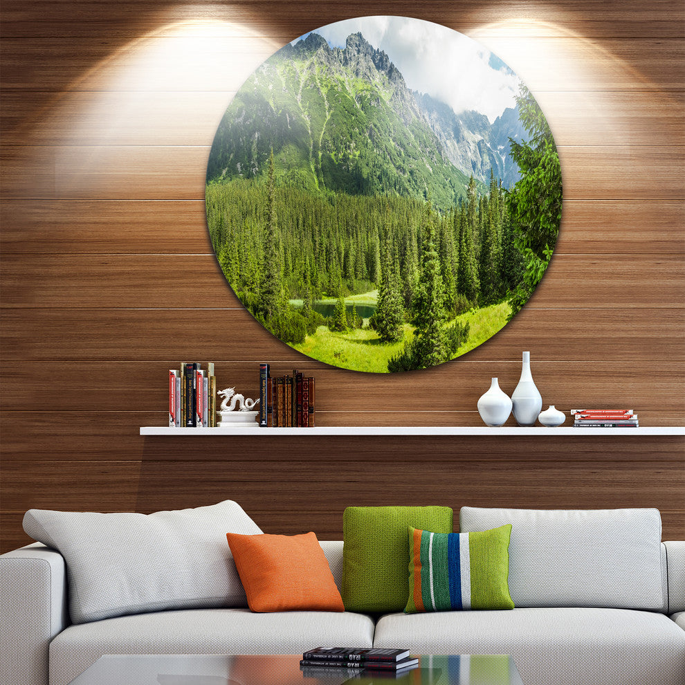Green Small Lake Panoramic View, Landscape Disc Metal Artwork, 38"