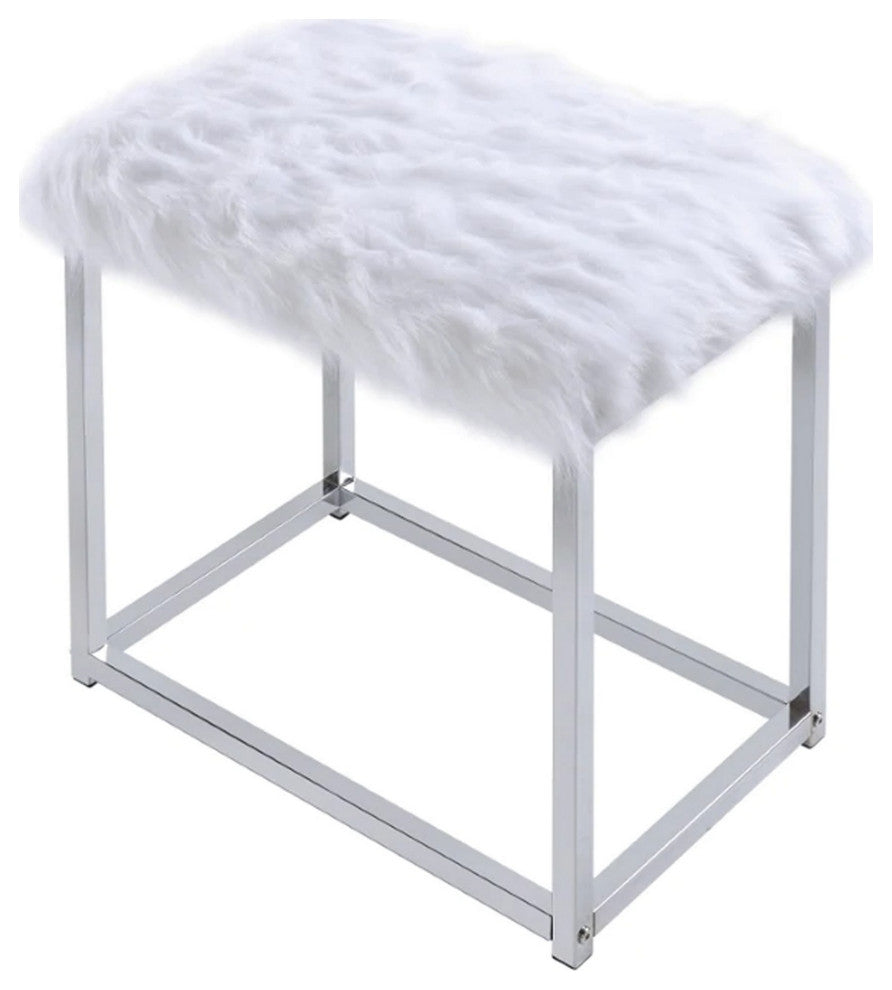 Benzara BM278981 Rose Round Vanity Mirror With Stool, Faux Fur Seat, Gray, White