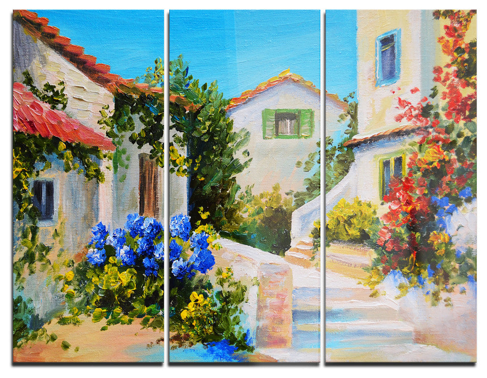 "Houses near Sea" Glossy Metal Wall Art, 3 Panels, 36"x28"