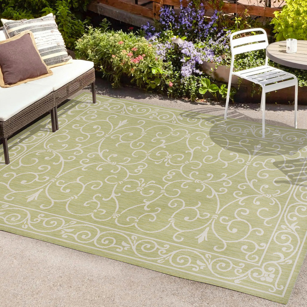 Charleston Filigree Textured Weave Indoor/Outdoor, Green/Cream, 8 X 10