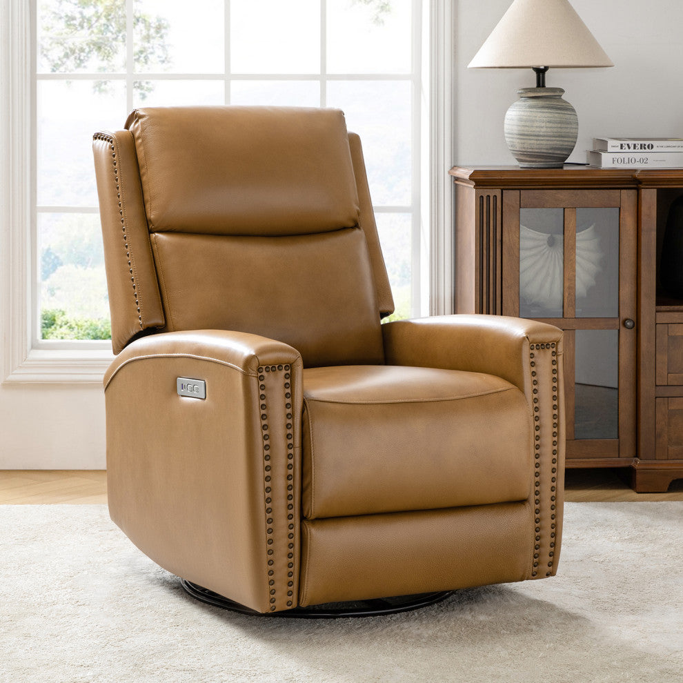 Genuine Leather Swivel Rocker Power Recliner With Built-in USB, Camel