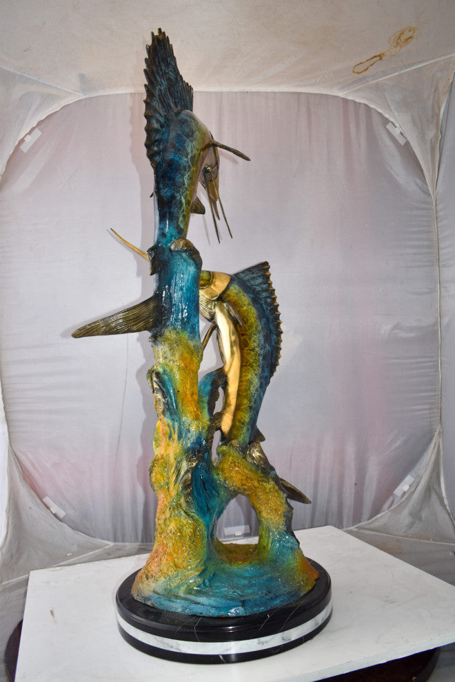 Set Of Intertwined Sailfish and Marlin Colored Bronze Statue  27" x 20" x 47"H