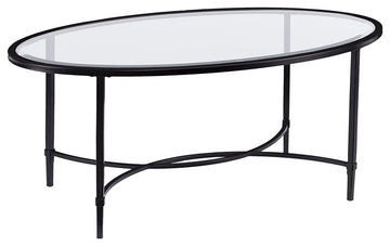 Transitional Coffee Table, Scrollworked Metal Base With Beveled Glass Top, Black