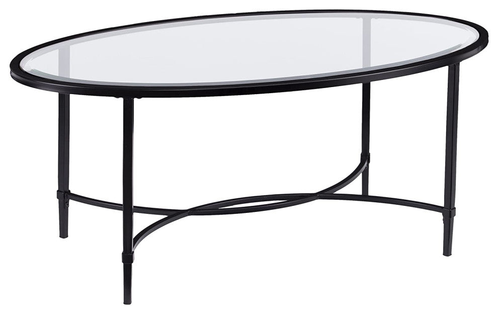 Transitional Coffee Table, Scrollworked Metal Base With Beveled Glass Top, Black
